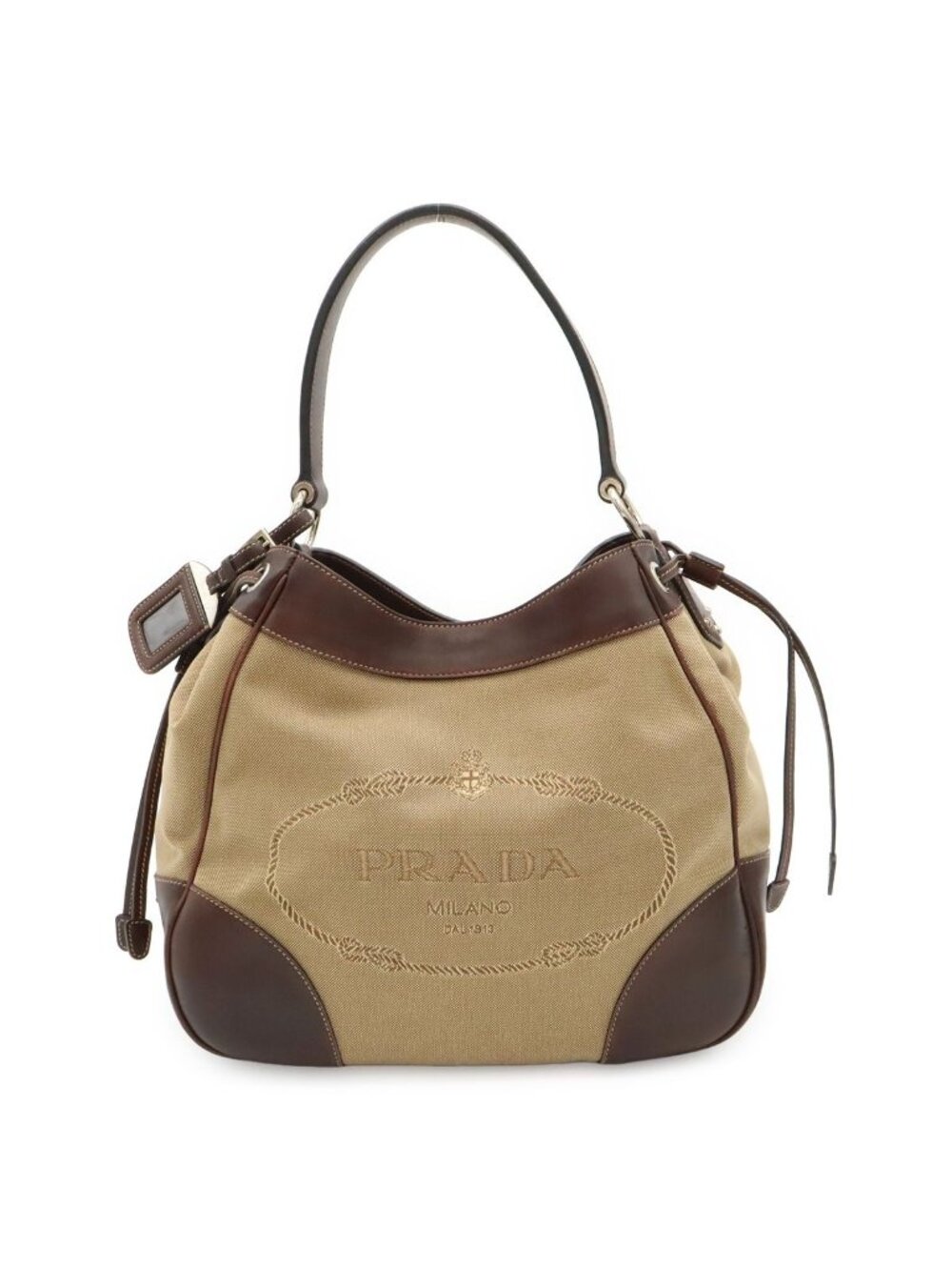 Prada Logo Jacquard Shoulder Bag Drawstring Canvas Leather Khaki Beige Dark